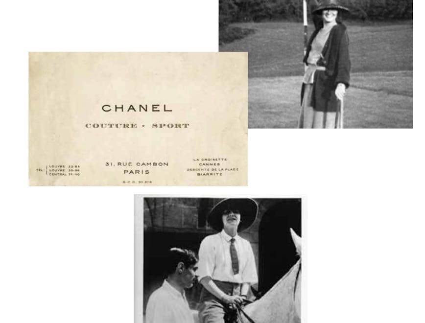 Gabrielle Chanel playing golf near Saint-Jean-de-Luz, circa 1917 © Photo by Apic/Getty Images · House of CHANEL Business card mentioning “COUTURE ET SPORT”, 1920s / Patrimoine de CHANEL, Paris / © CHANEL · Gabrielle Chanel and Arthur 'Boy' Capel, circa 1910 / © CHANEL - Archives privées / DR